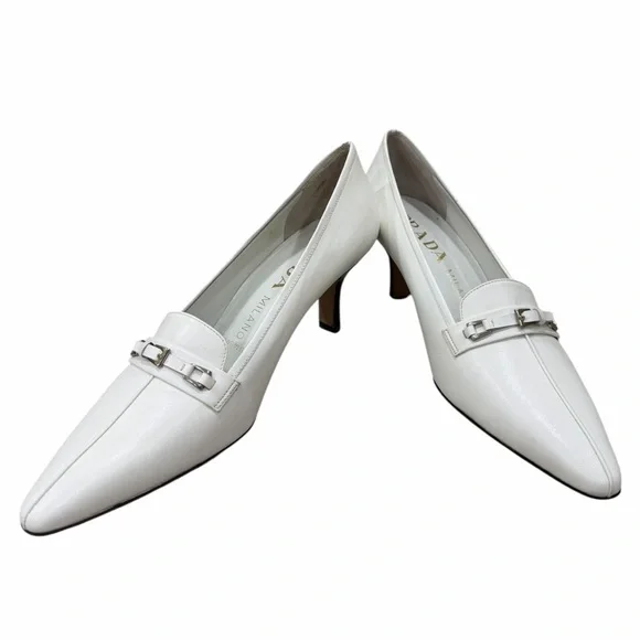 Prada Milano White Leather Kitten Heel Pumps Pointed Toe Size 38 - Picture 2 of 9